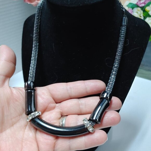 3/$30 Thick Gun Metal Snake Chain Choker Collar Necklace White Rhinestones 16" - Picture 7 of 8